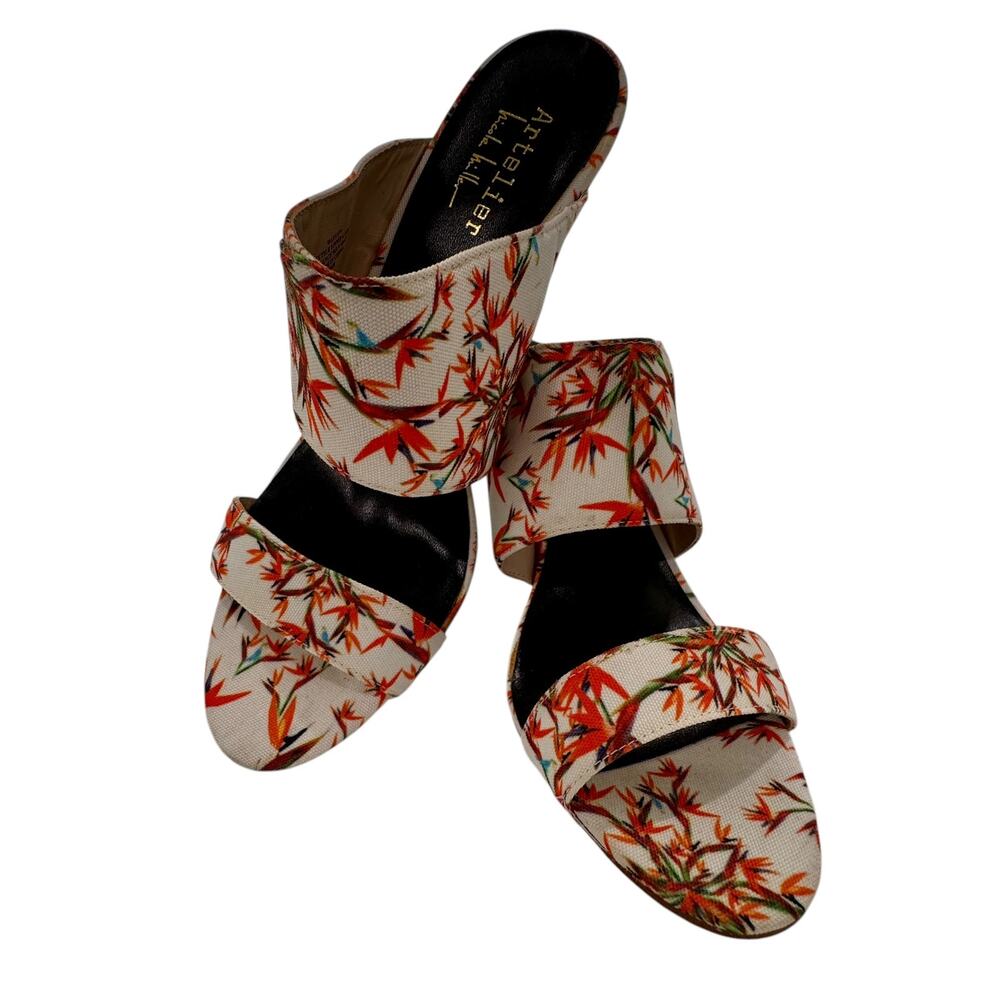 Artelier Nicole Miller Orange Floral Cork Wedge Sandal Beach Coastal Chic 8.5